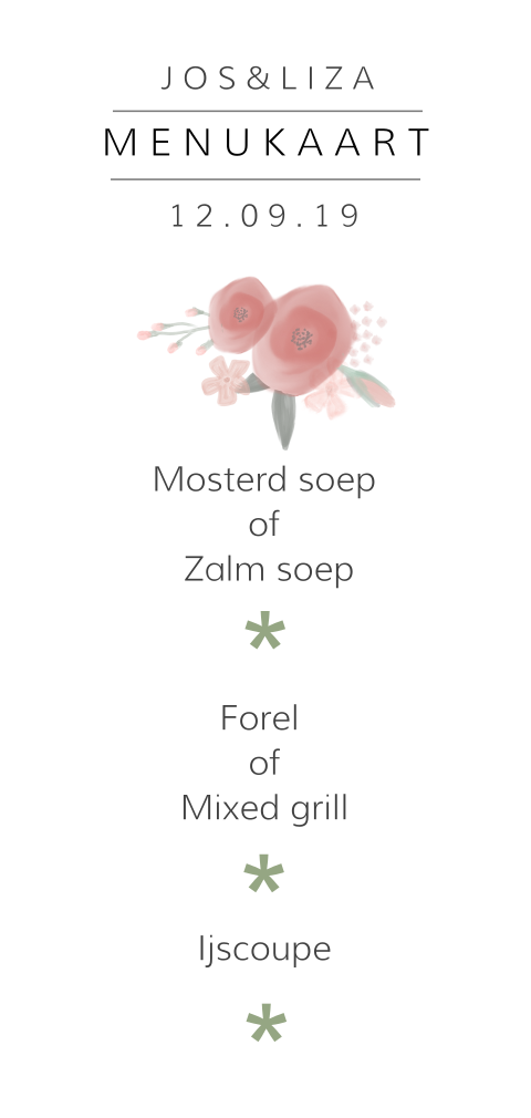 Bohemian menukaart, passend bij de trouwhuisstijl
