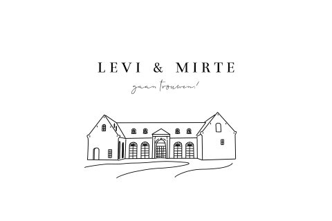 Trouwkaart met lijntekening trouwlocatie minimalistisch