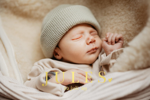 Geboortekaartje jongen met newborn foto en tekst goudfolie