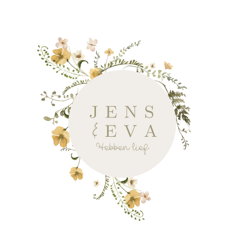 Ronde trouwkaart botanische watercolour bloemen geel groen en beige