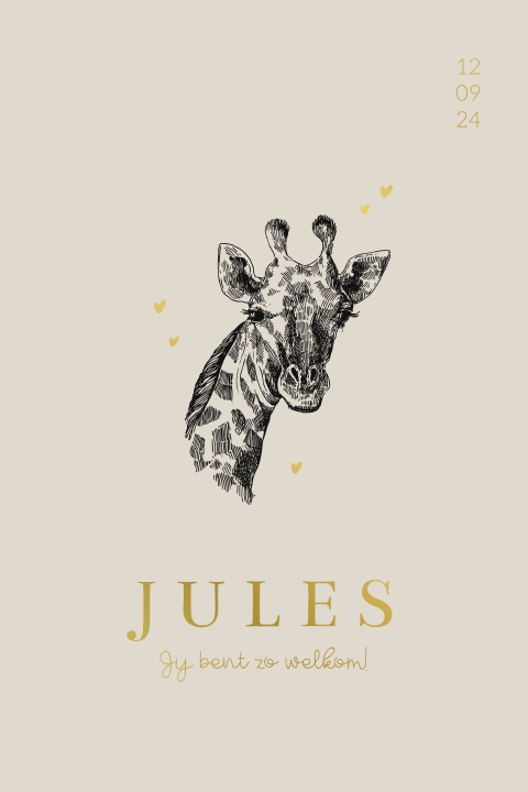 Geboortekaartje jongen of meisje met schets giraffe hoofd goudfolie