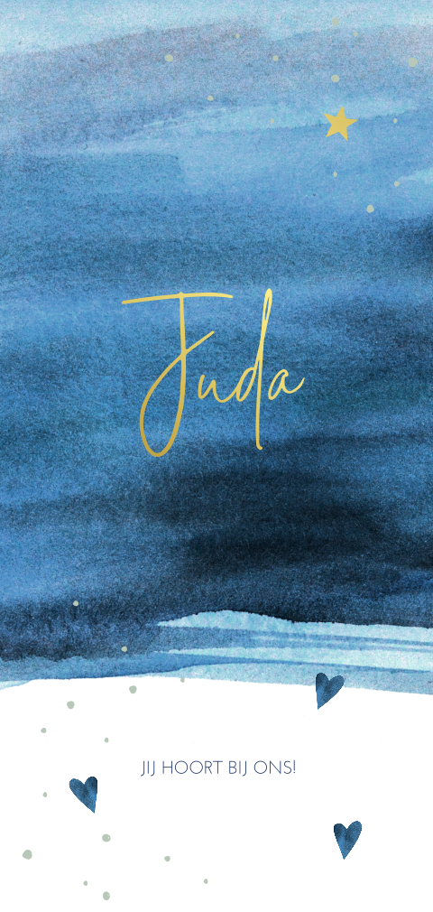 Goudfolie jongens baby-rouwkaartje met blauwe watercolor achtergrond