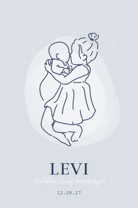 Geboortekaartje broertje zusje met lijntekening gezin blauw