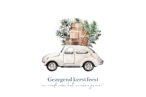 Kerstkaart met christelijke tekst volvo eend kersttakken kadootjes