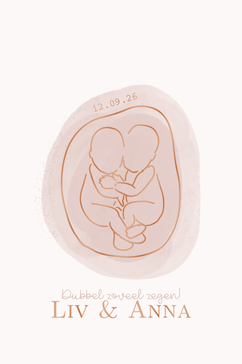 Geboortekaartje tweeling meisjes koperfolie lijntekening twins