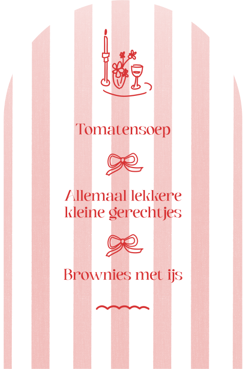 Menukaart 21 diner rood roze streepjes en tafel doodles