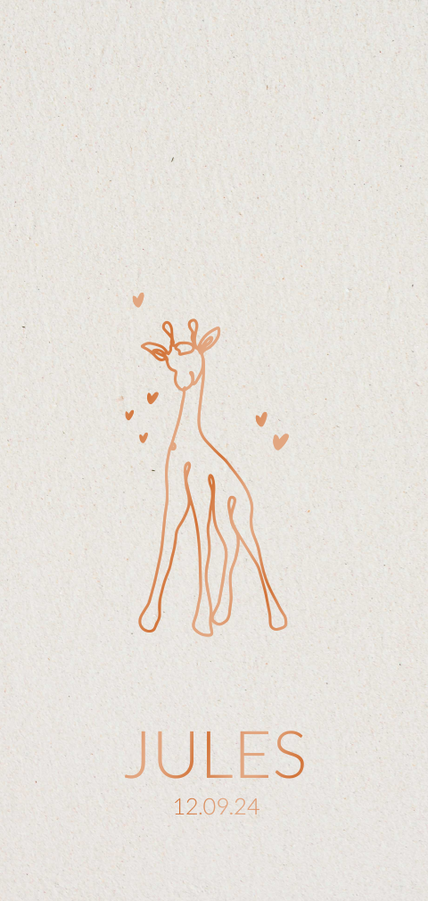 Geboortekaartje voor een jongen of meisje met giraffe koperfolie