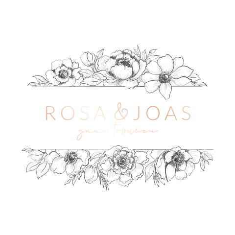 Vierkante trouwkaart met lijntekening bloemen rand met rosefolie