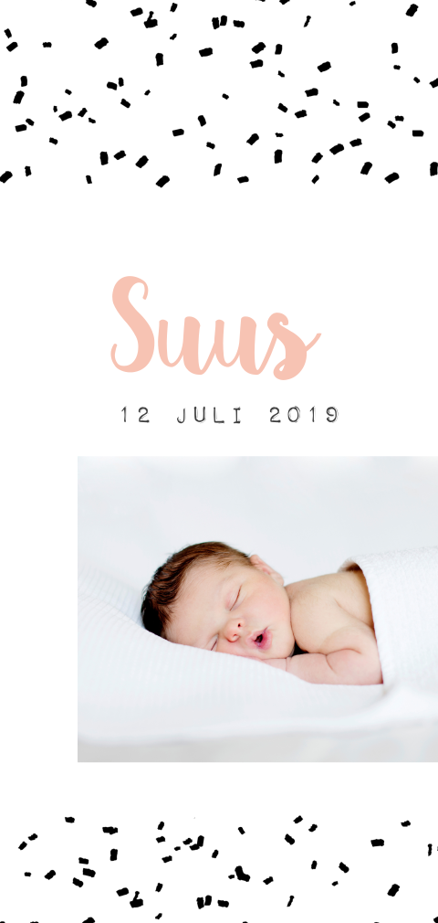 Lief geboortekaartje met newborn foto en confetti voor een meisje