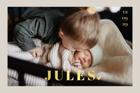 Geboortekaartje jongen broertje zusje goudfolie en newborn foto