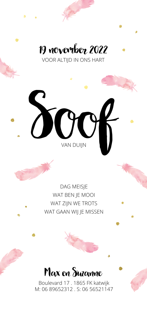 Handletter baby-rouwkaartje voor een meisje met watercolor veertjes