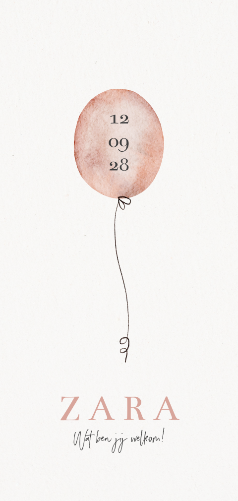 geboortekaartje meisje ballon watercolour roze langwerpig