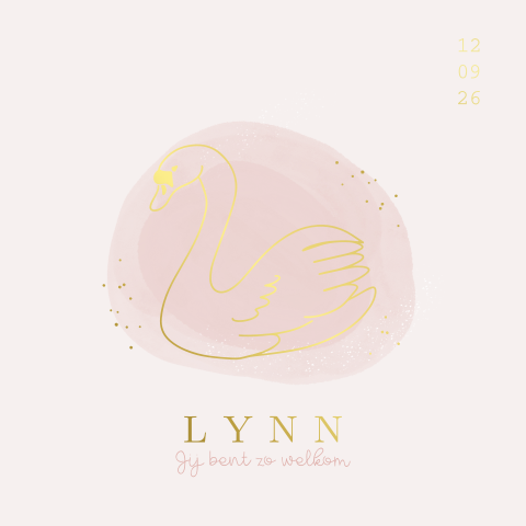 Geboortekaartje meisje lief met lijntekening zwaan roze en goudfolie