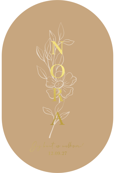 Geboortekaartje meisje ovaal oranje lijntekening bloemen goudfolie
