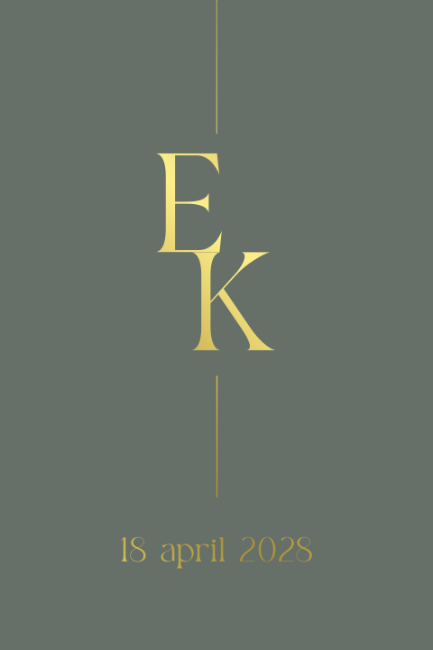 Trouwkaart minimalistisch met initialen in goudfolie op de kaart groen