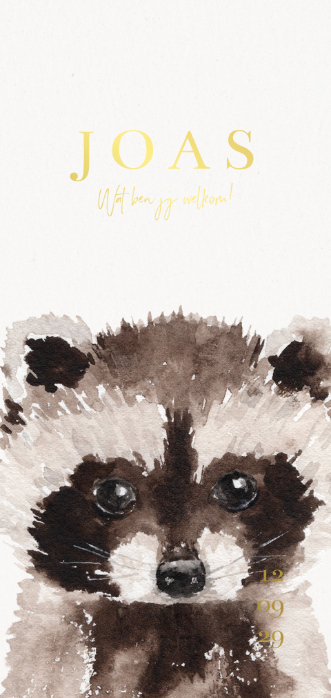 Geboortekaartje jongen met watercolour wasbeer bruin en goudfolie