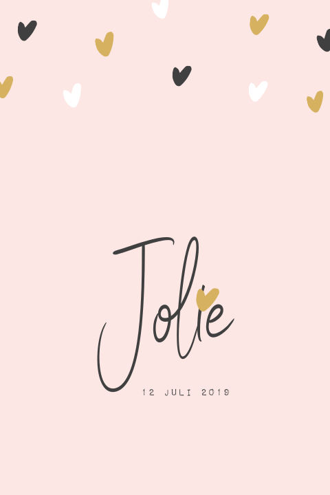 Dubbel geboortekaartje voor een meisje met okergele en roze hartjes