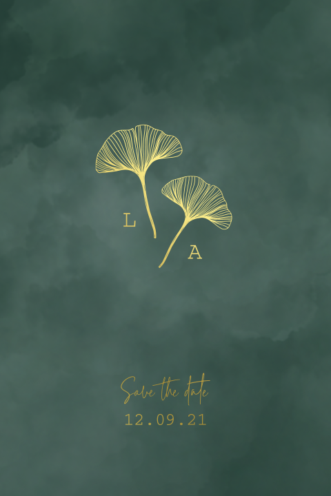 Save the date kaart met ginkgo blad en goudfolie