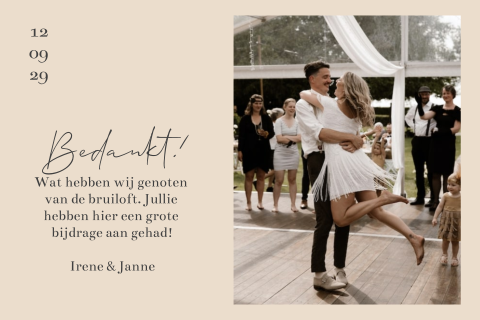 bedankkaartje om de daggasten te versturen met foto bruiloft beige