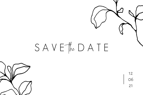Minimalistische save the date kaart lijntekening bladeren zwart wit