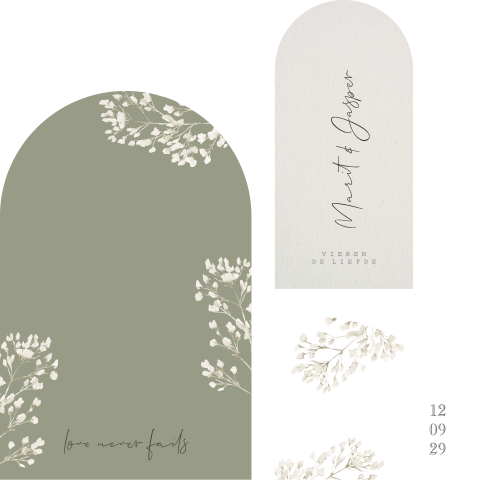 Trouwkaart stapelkaart rond 3 labels groen en witte bloemen