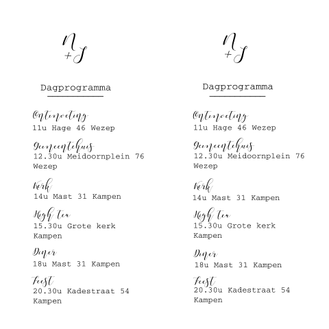Dagprogramma daggasten in minimalistische trouwhuisstijl
