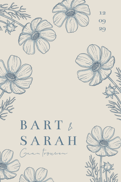 Trouwkaart met tekening van wilde bloemen blauw en beige