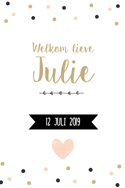 Hip geboortekaartje met gouden letters, confetti en label