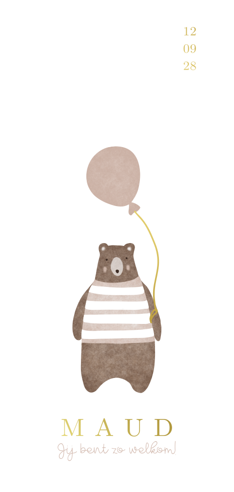 Geboortekaartje meisje beren illustratie met ballon roze en goudfolie