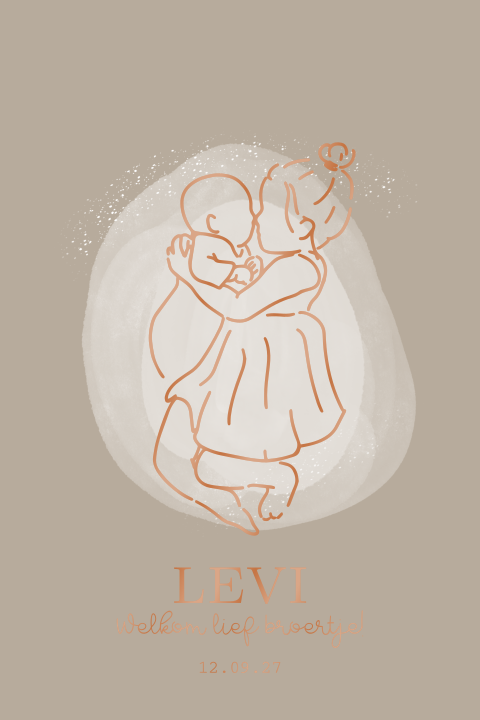 Geboortekaartje lijntekening baby en zusje broertje en foliedruk beige