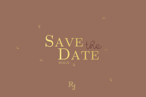 Save the date kaart met initialen en stipjes in goudfolie bruin
