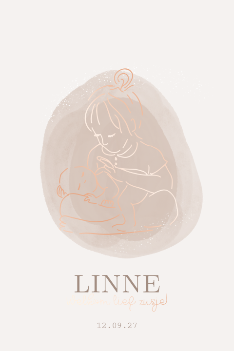 Geboortekaartje meisje met lijntekening grote zus die zusje vasthoudt