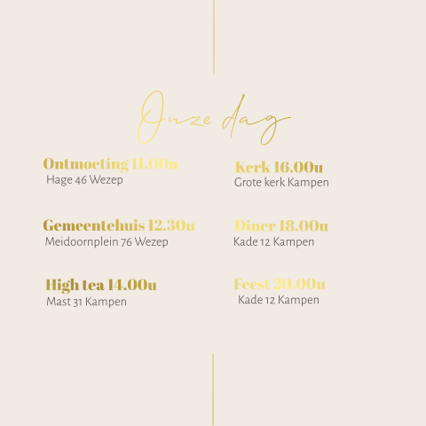 Dagprogramma voor bij de trouwkaart voor jullie daggasten in goudfolie