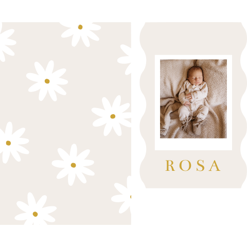Geboortekaartje meisje madeliefjes bloemen label golfjes polaroid foto