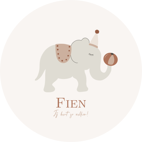 Geboortekaartje met circus olifant rond kaartje met bruin roze kleuren