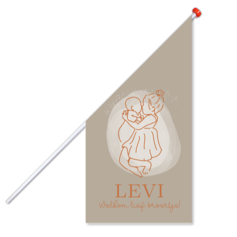 geboortevlag met koperkleurige lijntekening zusje en baby