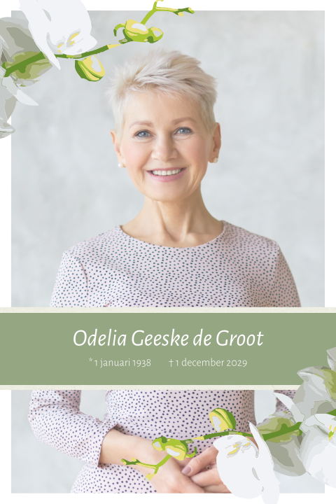 Rouwkaart voor een vrouw met witte orchidee en ruimte voor een foto