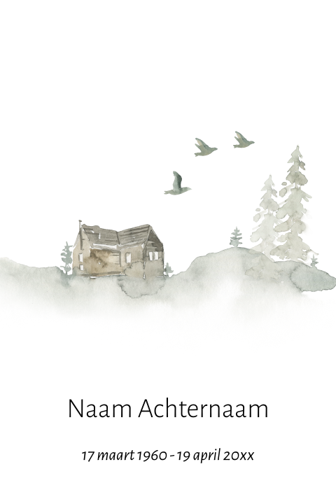 Rouwkaart met huisje met landschap en vogels