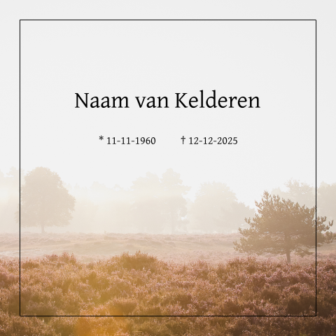 Rouwkaart met heide in de ochtend met dauw en boom