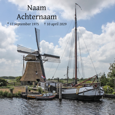 Rouwkaart met molen en een Friese Skutje