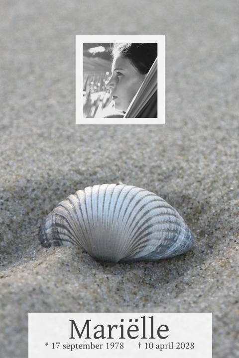 Mooie rouwkaart met foto van zand en grote schelp
