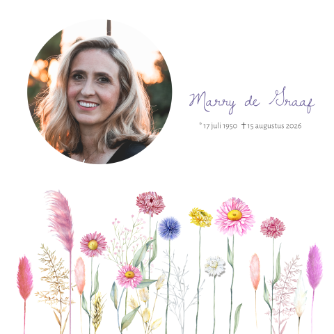 Rouwkaart met foto in rond kader en verschillende bloemen