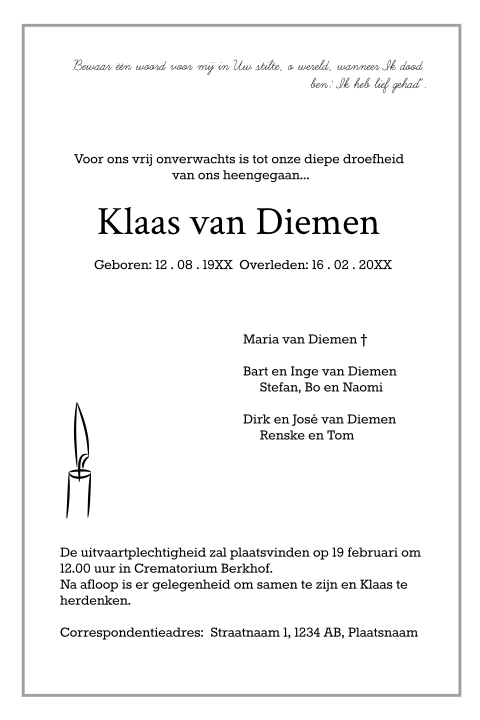 Klassieke rouwbrief met een kaars