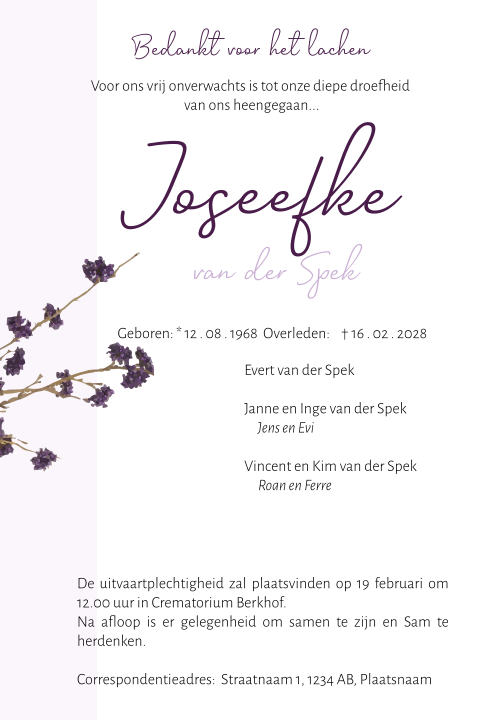 Rouwbrief met een takje met lila paarse bloemen voor een vrouw