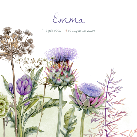 Rouwkaart wilde bloemen met paarse artisjok
