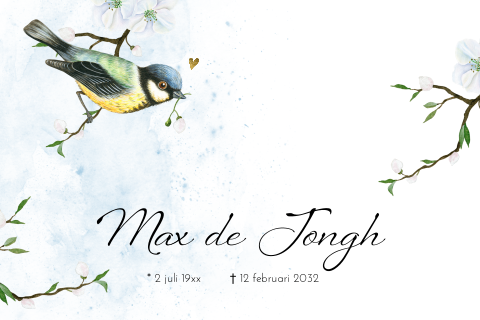 Rouwkaart met takjes en vogel koolmees
