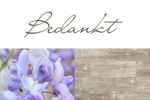 Dankbetuiging stijlvol ontwerp met hout vlakken en paarse bloem
