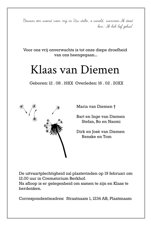 Klassieke rouwbrief met een paardebloem