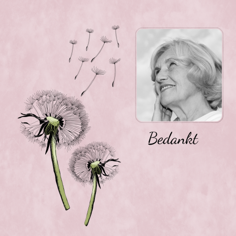 Bedankkaart overlijden paardebloem vrouw ruimte voor foto