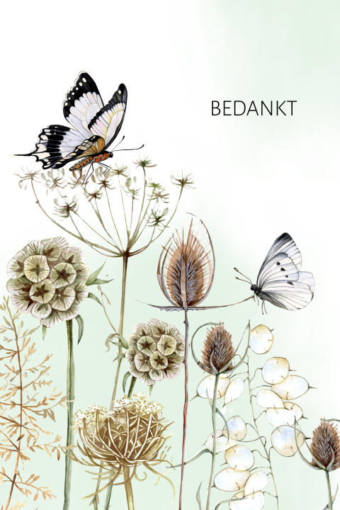 Bedankkaart rouw met vlinder en takjes